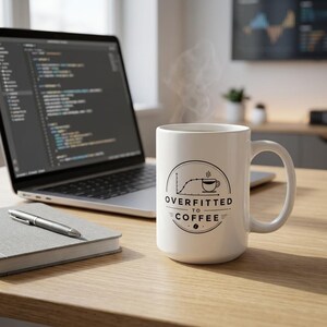 Könnte beinhalten: Ein weißer Keramikbecher mit einer schwarzen kreisförmigen Grafik, die ein Liniendiagramm, ein Kaffeetassensymbol und den Text "OVERFITTED TO COFFEE" zeigt. Der Becher hat einen Henkel auf der rechten Seite und dampft leicht aus der Öffnung.