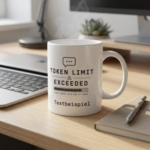 May include: A white ceramic mug featuring a black graphic design with a speech bubble icon, the text TOKEN LIMIT EXCEEDED, a loading progress bar, the instruction PLEASE REDUCE INPUT AND TRY AGAIN, and the word Textbeispiel printed in black.