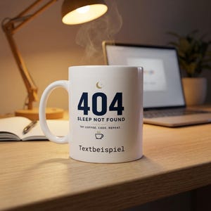 Könnte beinhalten: Ein weißer Keramikbecher mit dem dunkelblauen Text 404 SLEEP NOT FOUND, TRY COFFEE. CODE. REPEAT., einem Mondsichel-Symbol, einer kleinen Kaffeetassengrafik und dem Wort Textbeispiel, das unten auf dem Becher in Schwarz aufgedruckt ist.