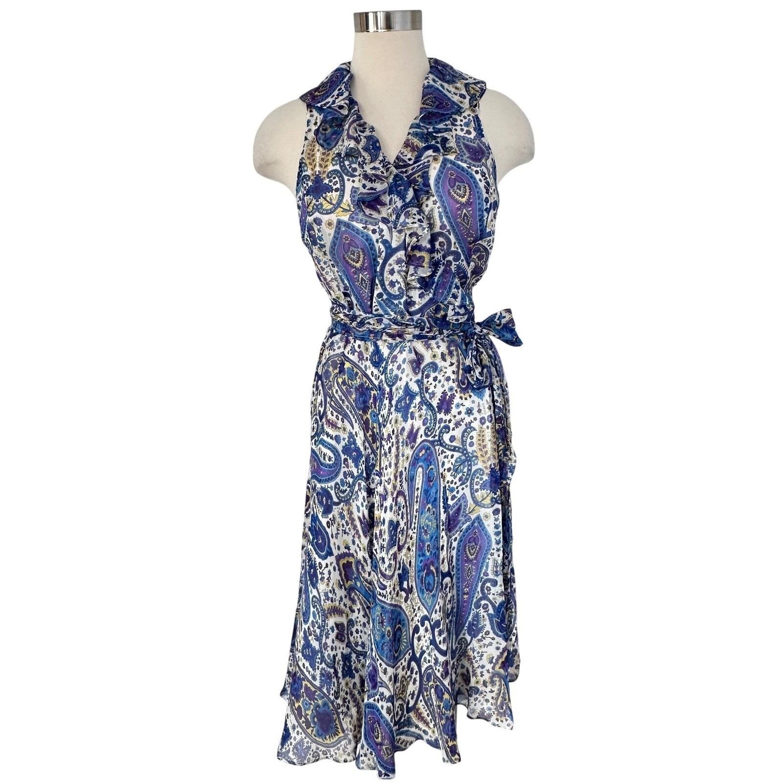 navy blue dress for baby girl (R7) Ralph Lauren Dress Womens 14 Silk Wrap A Line Paisley Ruffle Fairy  Midi main image 1