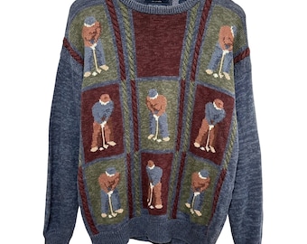 Vintage Northern Isles Golf Sweater Mens Large Intarsia Knit Ramie Cotton *Flaw