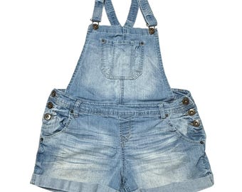 Vintage Bongo Denim Overall Shorts Womens L Light Wash Jean Shortalls Casual Y2K