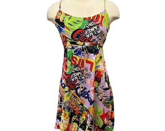 Vintage Jams World Pop Art Babydoll Dress Women M Colorful Vacation Comic Resort