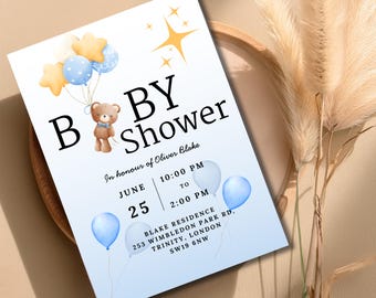 Teddy Bear Baby Shower Invitation Template, Boys Blue Baby Shower Invite, Cute Teddy Bear Theme, Printable, Digital Download E-invite, Canva
