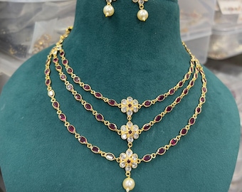 3 Layer Ruby Floral Necklace Set, Gold Plated Wedding Jewelry Earrings