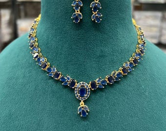 Green & Blue Stone Choker Necklace Set, Leaf Stone Jewelry