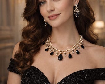 Handmade CZ Bridal Necklace Set | Sapphire & Black Teardrop Jewelry
