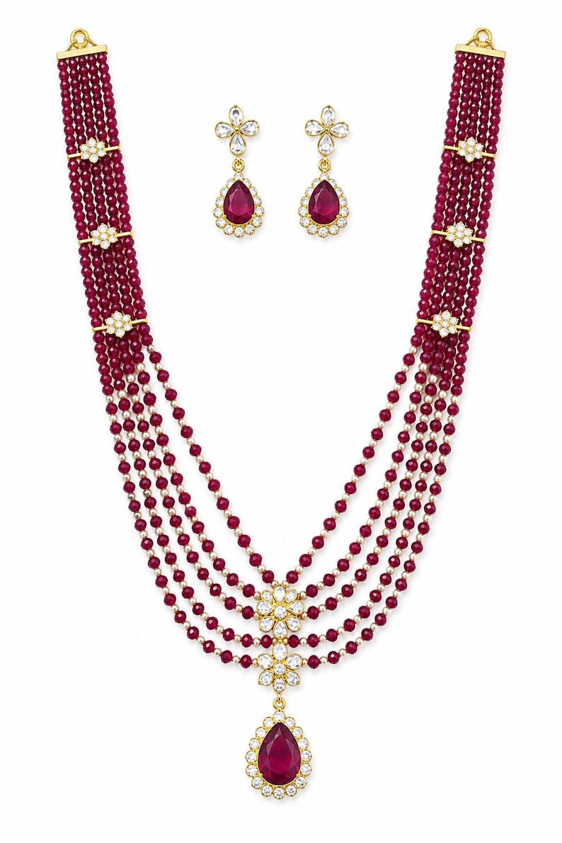 Collier Avec Perles Rouges Ensemble de collier à plusieurs rangs de perles de cristal rubis avec ...