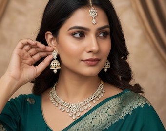 Kundan Bridal Jewelry Set with Jhumka Earrings & Maang Tikka | Premium Gold Tone Finish Necklace