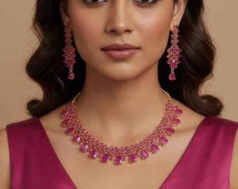 Pink Cubic Zirconia Statement Necklace Set - Bridal Party Wear Jewelry Set