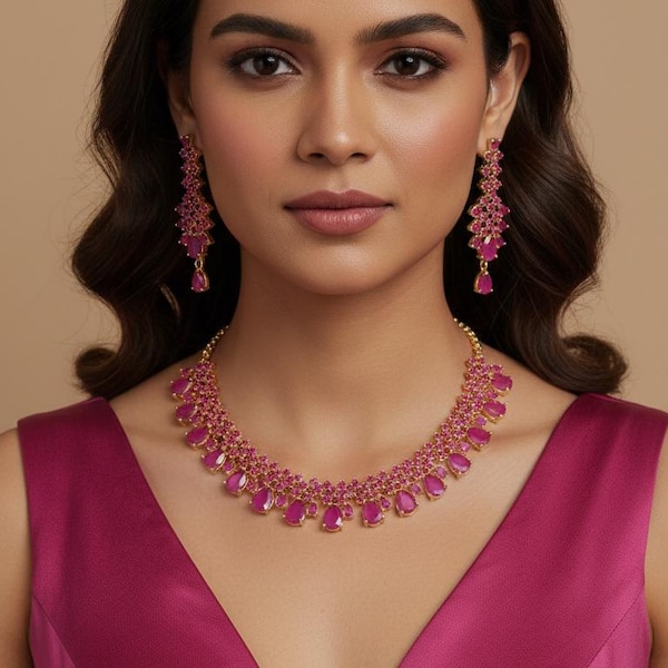 Pink Cubic Zirconia Statement Necklace Set - Bridal Party Wear Jewelry
