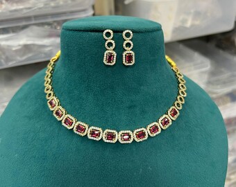 CZ Diamond Choker Necklace Set: Indian Bollywood Jewelry with Stud-Drop Earrings