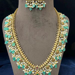 CZ Indian Bridal Pearl Necklace Set: Gold Plated, Green Beads, Matching Pearl Earrings Mint