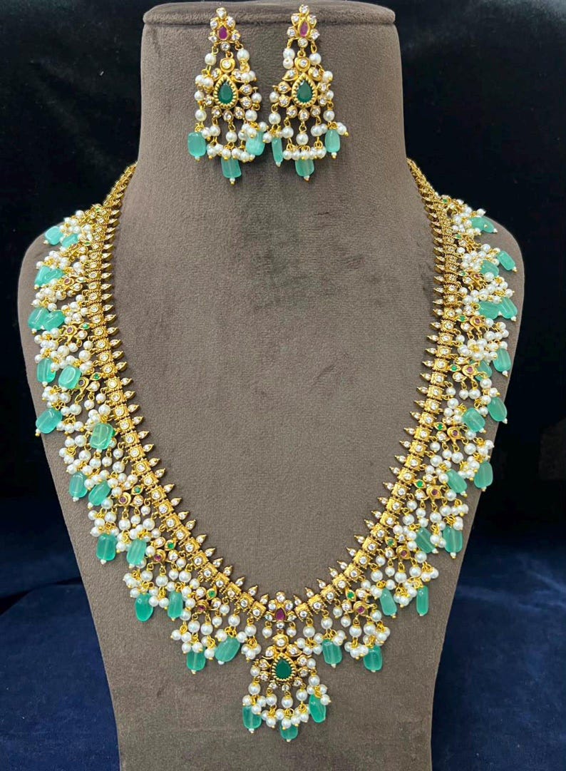CZ Indian Bridal Pearl Necklace Set: Gold Plated, Green Beads, Matching Pearl Earrings Mint