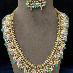 CZ Indian Bridal Pearl Necklace Set: Gold Plated, Green Beads, Matching Pearl Earrings Pink & Mint