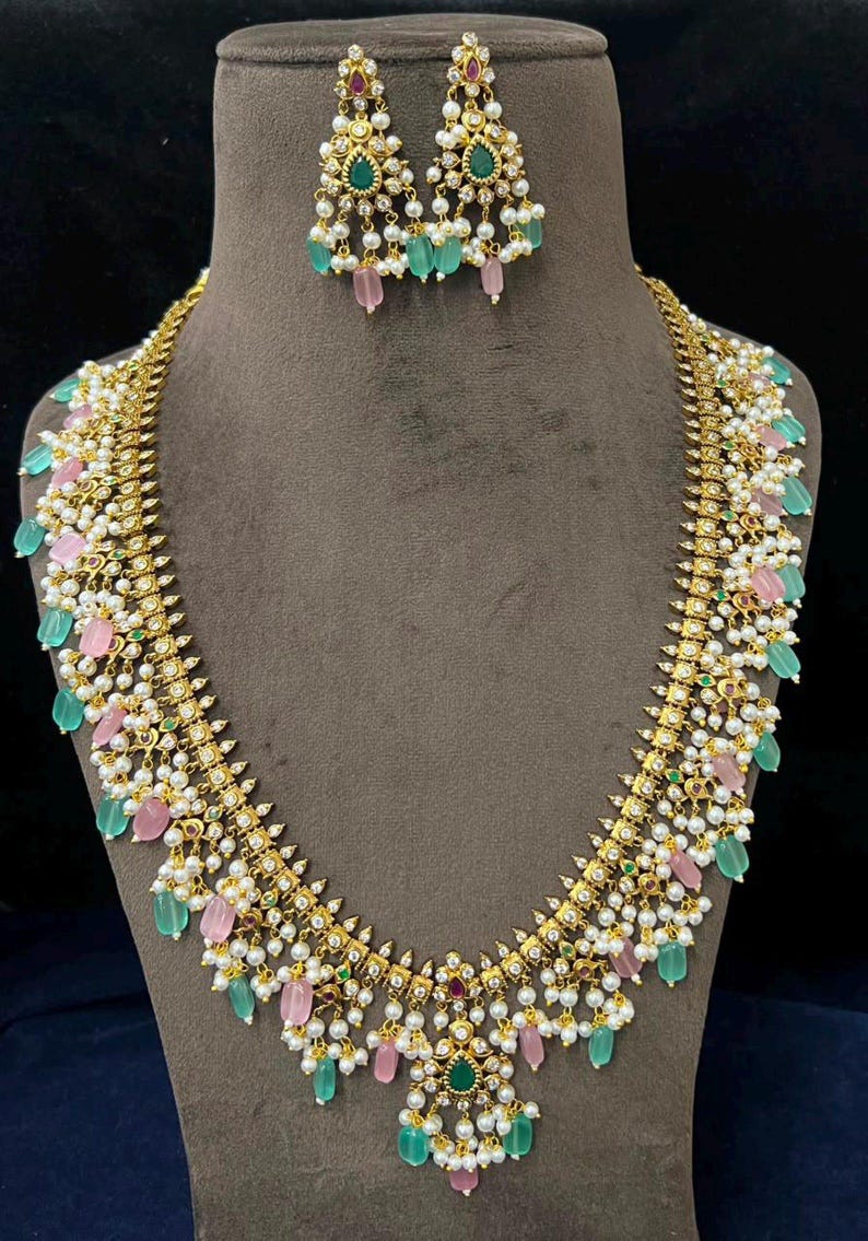 CZ Indian Bridal Pearl Necklace Set: Gold Plated, Green Beads, Matching Pearl Earrings Pink & Mint