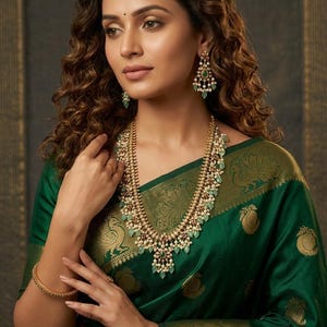 CZ Indian Bridal Pearl Necklace Set: Gold Plated, Green Beads, Matching Pearl Earrings image 8