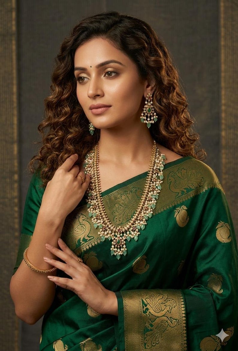 CZ Indian Bridal Pearl Necklace Set: Gold Plated, Green Beads, Matching Pearl Earrings image 8