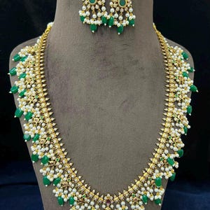 CZ Indian Bridal Pearl Necklace Set: Gold Plated, Green Beads, Matching Pearl Earrings Green