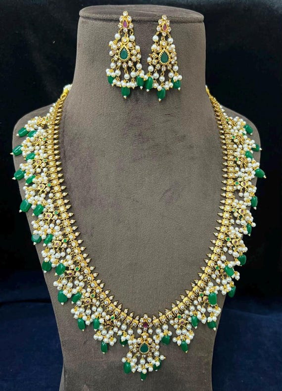 CZ Indian Bridal Pearl Necklace Set: Gold Plated, Green Beads, Matching Pearl Earrings