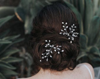 Bridal Hair Acessories, Wedding Hair Accessories - "Jessica" Pearl or Crystal Vine Hair Pin in Silver or Gold with Clear or Opal