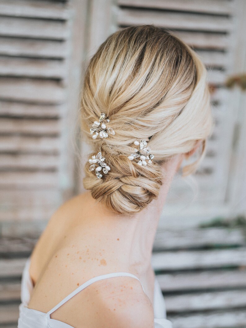 Pearl and Crystal Bridal Hair Pin in Silver Beaded Hair Pin Pearl Hairpin Gold or Rose Gold Bridal Accessories ~ Danielle Rhinestone