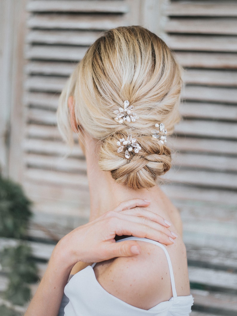 Pearl and Crystal Bridal Hair Pin in Silver Beaded Hair Pin Pearl Hairpin Gold or Rose Gold Bridal Accessories ~ Danielle Rhinestone