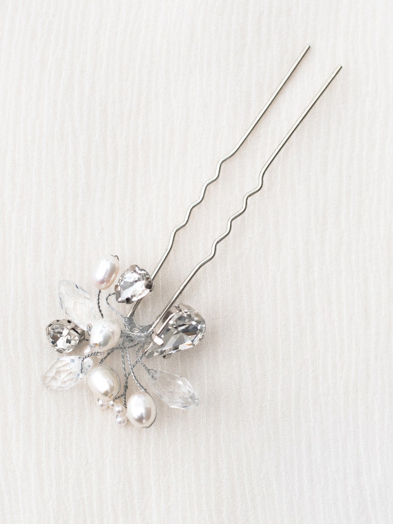 Pearl and Crystal Bridal Hair Pin in Silver Beaded Hair Pin Pearl Hairpin Gold or Rose Gold Bridal Accessories ~ Danielle Rhinestone
