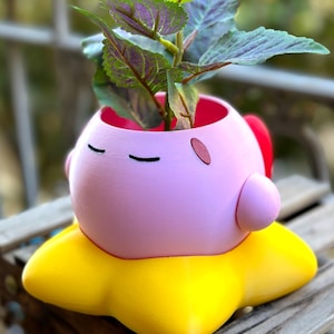 Kirby Planter Pot | Adorable Star Ride Plant Pot | Cute Video Game Decor for Desk, Shelf, or Gift | Water-Catching Base Included