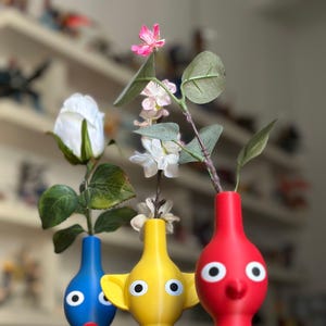 Pikmin Vases Set of 3: Red, Yellow & Blue 3D Printed Planters