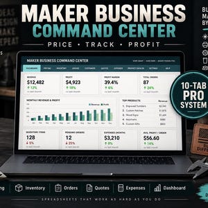 May include: A laptop displaying the Maker Business Command Center dashboard with revenue, profit, and order tracking metrics. The screen shows tabs for pricing, inventory, and expenses. Surrounding items include a tumbler, a wooden sign, and a caliper.