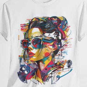 Pop Art Woman T-Shirt, Colorful Urban Female Portrait Graphic Tee, Street Art Style Shirt for Women