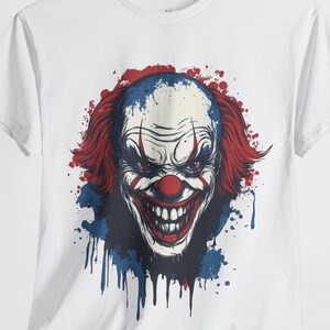 Creepy Evil Clown Unisex Heavy Cotton Tee, Scary Grin Horror T-Shirt for Halloween Lovers, Dripping Ink Design, Sinister Tee for Haunted