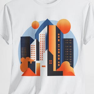 Camiseta unissex de algodão pesado com estampa geométrica City, camiseta com estampa urbana, camiseta com paisagem urbana abstrata, camiseta com design urbano moderno, camiseta com estampa geométrica masculina