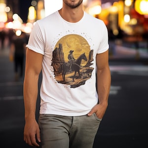 Vintage Cowboy Unisex Tee, Horseman Desert Landscape T-Shirt, Wild West Western Shirt, Full Moon Graphic Top, Frontier Road Trip Clothing