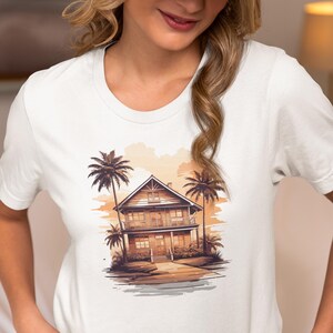 Tropical Beach House T-Shirt, Sunset Palm Tree Tee, Ocean Watercolor Style, Unisex Cotton Top, Vacation Graphic Shirt