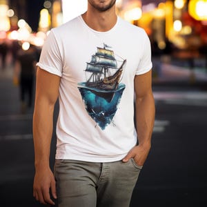 Surreal Nautical Tee, Sailing Ship T-Shirt, Ocean Fantasy Shirt, Maritime Art Top, Mystical Vibes Apparel