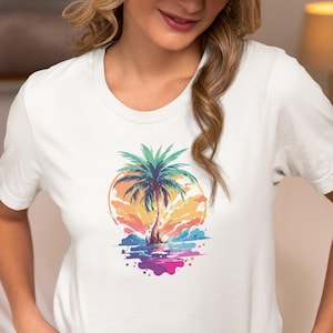 Tropical Sunset Tee, Beach Lover Shirt, Summer Vibes T-shirt, Palm Tree Silhouette Top, Vacation Apparel, Sunset Graphic Tee