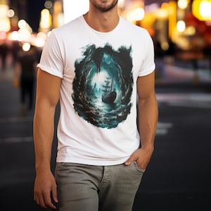 Sailing Ship Adventure Tee, Pirate Fantasy Art Tshirt, Sea Cave Exploration Shirt, Mystical Nautical Top, Unisex Pirate Graphic Tee