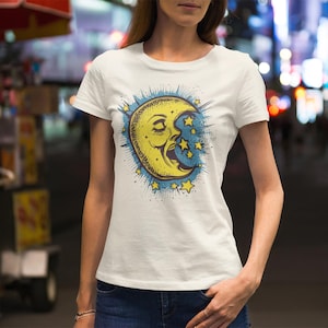 Retro Moon Face Tee, Cosmic Design Shirt, Vintage Style T-Shirt, Gift for Space Enthusiasts, Bold Pop Art Top