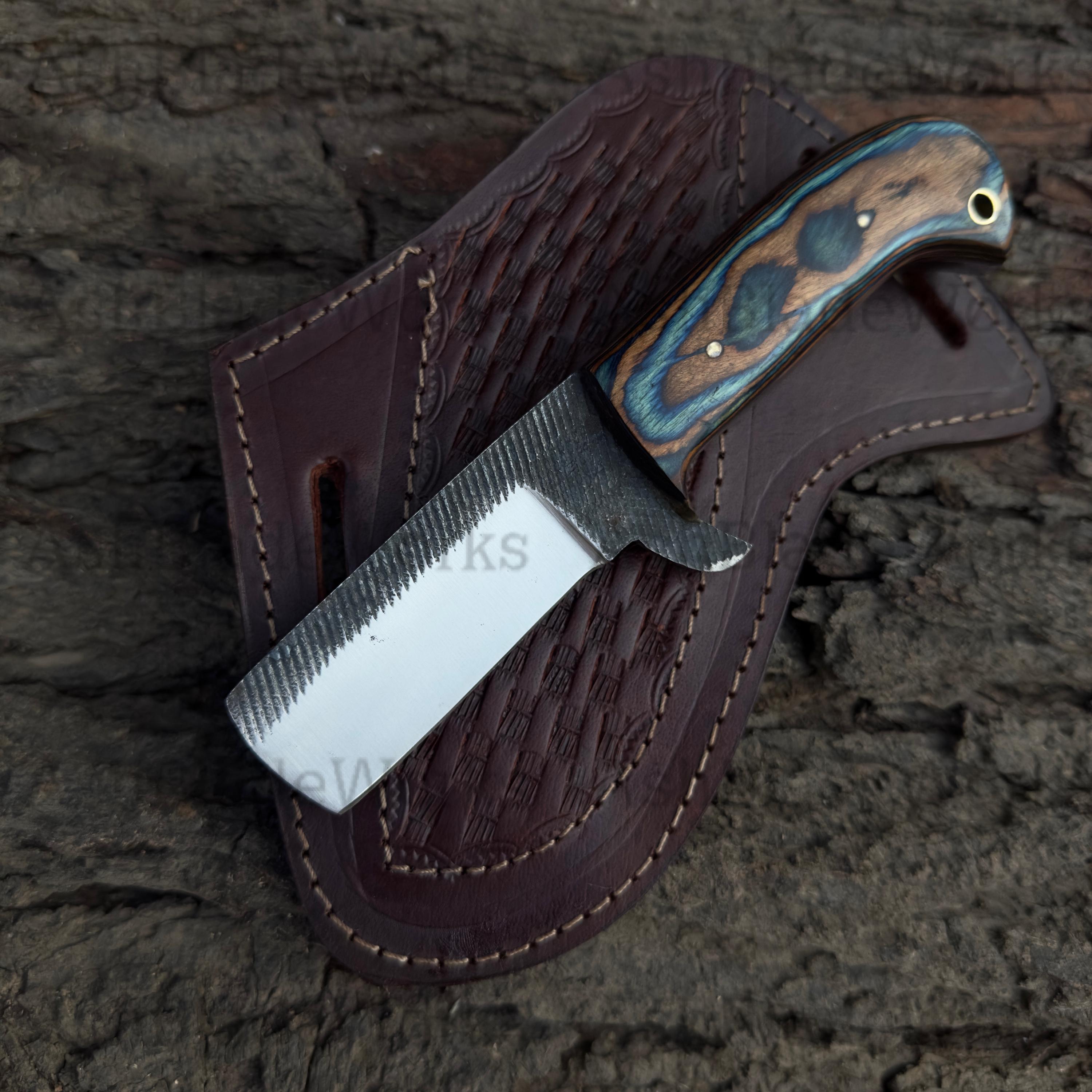 Handmade Cowboy Bull Cutter Knife With Rasp Steel Blade, Pakka Wood Handle And Pan Cake Leather Sheath, Cowboy Knife, gift for him