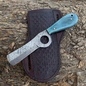 Handgefertigtes Bull Kutter-Messer aus Damast-Stahl mit Lederscheide