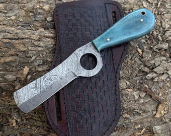 Handmade Finger Hole Cowboy Bull Cutter Knife With Damascus Blade And Pan Cake Leather Sheath, Cowboy Knife, Cowboy Sheath, gift for him