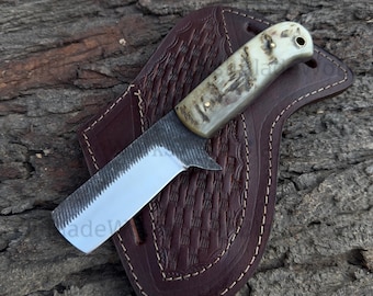 Handmade Cowboy Bull Cutter Knife With Rasp Steel Blade, Ram Horn Handle And Pan Cake Leather Sheath, Cowboy Knife, gift for him