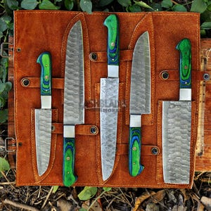 Handmade Damascus Steel Chef Knife Set with Leather Roll
