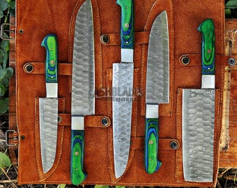 Handmade Damascus Steel Chef Knife Set with Leather Roll