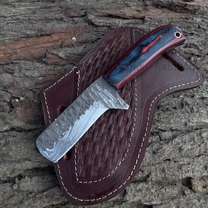 Handmade Cowboy Bull Cutter Knife With Rasp Damascus Steel Blade, Pakka Wood Handle And Pan Cake Leather Sheath, Cowboy Knife, gift for him