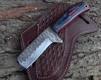 Handmade Cowboy Bull Cutter Knife With Rasp Damascus Steel Blade, Pakka Wood Handle And Pan Cake Leather Sheath, Cowboy Knife, gift for him