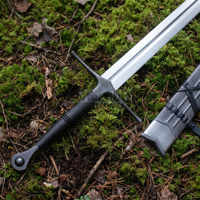 May include: A longsword with a polished steel blade, a dark matte black crossguard, and a textured black grip ending in a rounded pommel. Beside the sword lies a matching dark metal scabbard featuring black leather lacing details along its length.