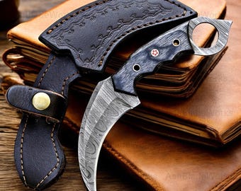 Handmade Damascus Steel Karambit Knife : Pakka Wood Handle , Leather Sheath